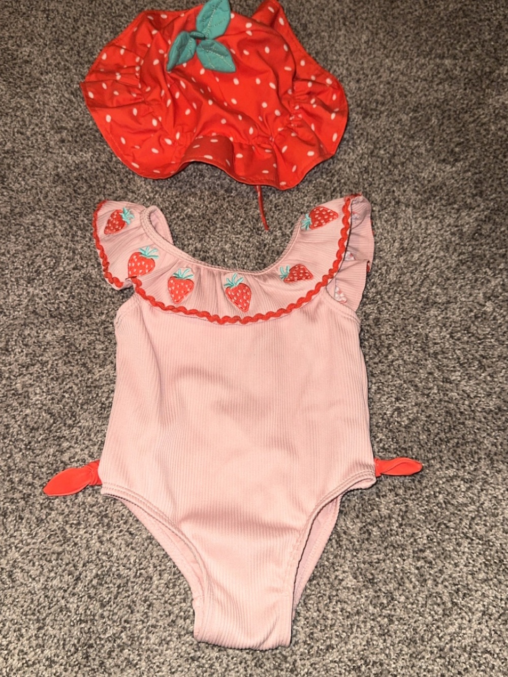 Flapdoodles Pink Strawberry Ruffle One-Piece with Red Strawberry Sun Hat